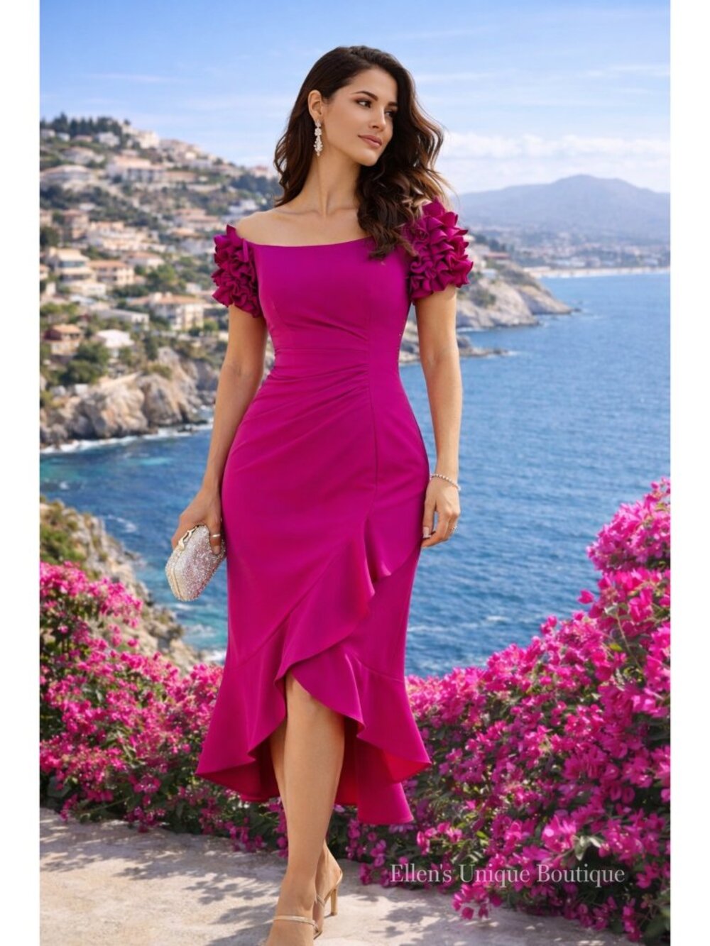 Xscape Ruffled Off-The-Shoulder Scuba Crepe Midi Dress Size 4 New With Tags - Picture 1 of 16